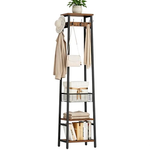 Coat Rack with Metal Basket and Storage Shelves | Coat Stand Freestanding, Hall Tree With and 7 Hooks, Clothes Rack Stand Organizer, Rustic Brown and Black - color: Rustic Brown and Black, style: 2 Shelves + 1 Basket