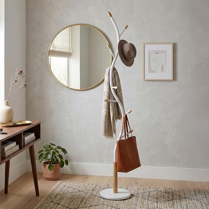 Roundhill Furniture Arles Metal Whtie and Oak Standing Coat Rack - color: White
