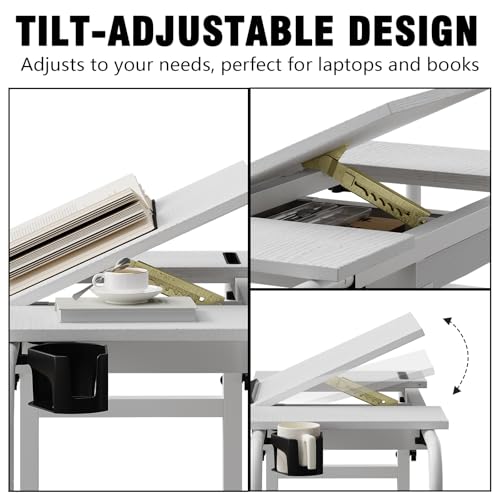 GiftGo Overbed Table with Wheels Rolling Laptop Desk Cart Table Height and Length Adjustable for Hospital and Home Use Over The Bed Table with Storage Drawer and Cup Holder (White, 31.5 to 47) - color: White