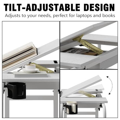 GiftGo Overbed Table with Wheels Rolling Laptop Desk Cart Table Height and Length Adjustable for Hospital and Home Use Over The Bed Table with Storage Drawer and Cup Holder (White, 31.5 to 47) - color: White