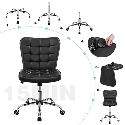 Yaheetech Black Tufted Armless Office Desk Chair with Wheels, Faux Leather | Thick foam cushioned seat tilts back to relax, lifts 18-22 in, spins 360 degrees, holds 300 lb, and assembles with ease. - color: Black