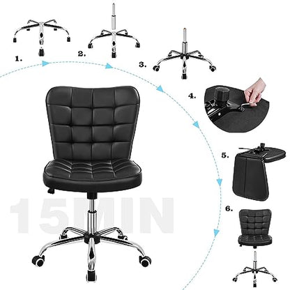 Yaheetech Black Tufted Armless Office Desk Chair with Wheels, Faux Leather | Thick foam cushioned seat tilts back to relax, lifts 18-22 in, spins 360 degrees, holds 300 lb, and assembles with ease. - color: Black