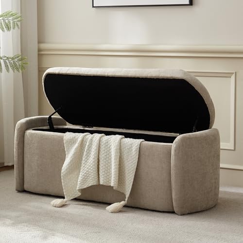 VKNOW Storage Bench, Upholstered Storage Ottoman Bench with Hinge, Khaki | Ottoman Bench with Large Capacity, Curved Frame, Soft Fabric, Storage Bench for Bedroom, Living Room, Entryway - color: Light Brown, size: 46.1"