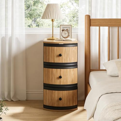 BERRYMERRY Narrow End Table with Charging Station, Modern Slim Nightstand Bedside Table with 3 Drawers for Bedroom Living Room, Natural Wood Grain, 11.81" W x 23.51" D x 23.62" H
