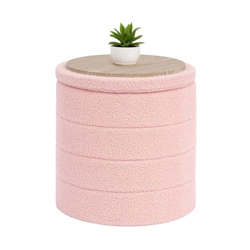 B FSOBEIIALEO Folding Storage Ottoman, Round Sherpa Ottomans, Pink | 16.9" Foldable Ottoman With Tray, Boucle Foot Stool, Small Storage Coffee Table for Living Room, Bedroom, Hallway - color: Pink, size: 16.9"D x 16.9"W x 17.7"H