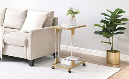 Clear Sofa Side Table C Shaped End Table with Wheels, Rolling Acrylic Bedside Laptop Snack Table TV Tray, Mobile Breakfast Tray Table with Tempered Glass Shelves and Clear Acrylic Frame - color: Acrylic Clear, Gold