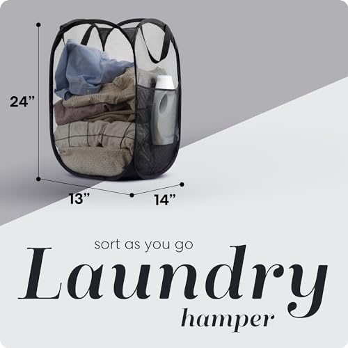 Handy Laundry Collapsible Mesh Pop Up Hamper with Wide Opening and Side Pocket - Breathable, Sturdy, Foldable, and Space-Saving Design for Clothes and Storage (Black | 2-Pack) - color: Black, 2-PACK