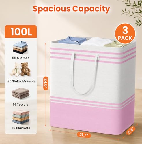 TranquilRelax 3-Pack Laundry Basket, Laundry Hamper, Pink-100L | Freestanding＆Water-Resistant Laundry Hamper, Collapsible Tall Clothes Hamper with Carry Handles for Clothes, Laundry Basket - color: Pink, size: 100L