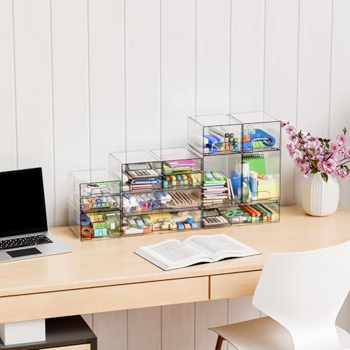 4 Pack Small Clear Stackable Storage Drawers,2.2'' Tall Desk Organization and Storage,Plastic Office Supply Organizer,Acrylic Storage Containers for Makeup,Hair Clip,Accessory,Pen,Art Crafts - color: Clear-2.2 In Tall, size: 4 PCS