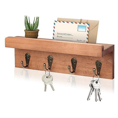 HRONRAD Rustic Key Holder for Wall, Farmhouse Wall Shelf with 4 Hooks, Wall Mounted Key Racks, Wooden Mail Organizer with Hooks for Entryway (Brown - Oak) - color: Brown - Oak