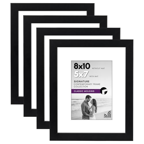 Americanflat 8x10 Picture Frame with Shatter-Resistant Glass - Set of 4 - Use as 5x7 Frame with Mat or Display 8x10 Photo Without Mat - Signature Collection - Photo Frames for Tabletop or Wall - Black | Engineered Wood construction, Shatter-resistant glas