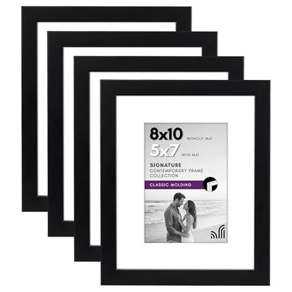Americanflat 8x10 Picture Frame with Shatter-Resistant Glass - Set of 4 - Use as 5x7 Frame with Mat or Display 8x10 Photo Without Mat - Signature Collection - Photo Frames for Tabletop or Wall - Black | Engineered Wood construction, Shatter-resistant glas