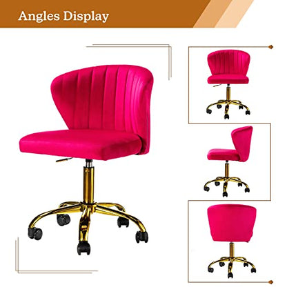 TINA'S HOME Office Desk Chairs with Wheels & Gold Base, Modern Velvet Cute Armless Office Chair, Adjustable Low Back Swivel Rolling Chair, Upholstered Task Chair for Living Room Vanity Study-Fushia | Modern Velvet Cute Armless Office Chair, Adjustable Low