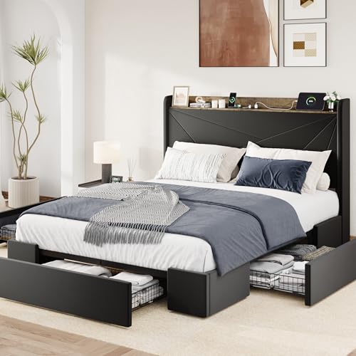 Allewie Full Size Velvet Bed Frame with Storage Drawer and USB Ports, Black | 3 Large Storage Drawers, Upholstered Wingback Storage Headboard, Charging Station,No Box Spring Needed, Easy Assembly - color: Black, size: Full