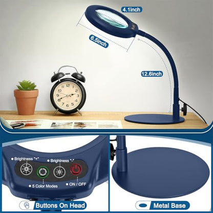 IVMAIE 12X Magnifying Glass with Light, Real Glass Lens, 5 Color Modes Dimmable, Flexible Gooseneck Lighted Magnifier with Stand, LED Desk Lamp Hands Free for Crafts Painting Reading Close Work, Blue - color: Blue