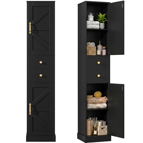 67" H Tall Bathroom Cabinet with 2 Barn Doors and 2 Drawers, Narrow Storage Cabinet with Sturdy Base & 6 Shelves for Small Space, Bathroom, Kitchen, Living Room, Black - color: Black, size: 11.8" W
