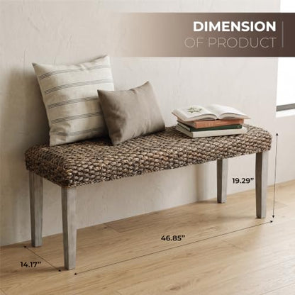Solid Acacia Wood Bench with Natural Woven Water Hyacinth Seat, Grey Leg | Plait Style, Farmhouse, Rustic, Boho, Coastal for Living Room or Entryway - color: Plait - Grey Leg & Water Hyacinth