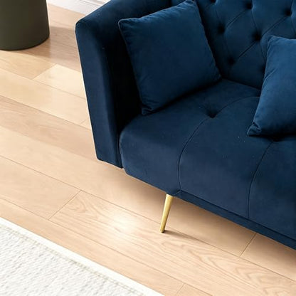 Anwick 72''Modern Velvet Sofa Bed Futon,Convertible Folding Sleeper Couches with 3 Adjustable Backrests,Tufted Recliner Loveseat with Golden Chrome Legs for Living Room Apartment Office (Blue) - color: Blue