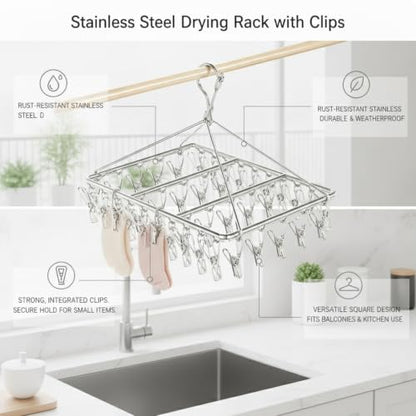 17.72 x 11.65 Inch Stainless Steel Drying Rack with Clips, Compact Laundry Organizer for Balcony or Kitchen Sink