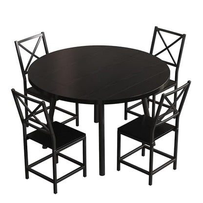 IRONCK Dining Table Set for 4, Round Kitchen Table and 4 Stool Chair for Dining Room, 44.5inch Drop Leaf Desk, Small Space Saving, Black