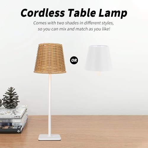 Mr. White Outdoor Waterproof Cordless Wireless Rechargeable Portable Top Touch Battery Operated Powered LED Table Lamp Desk Lamp Lights for Restaurant Kitchen Patio Dinner Dining (White) - color: White+Wicker Lampshade