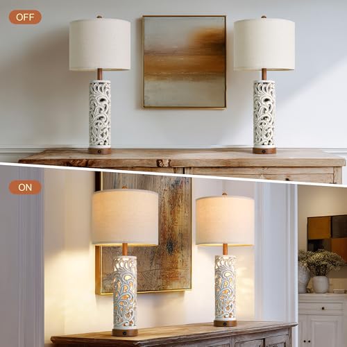 2-in-1 Light Table Lamp Set of 2 for Living Room, 28.5" Farmhouse Bedside Lamps with USB Charging Port, Main&Night Light & Dual Switches, Nightstand Lamp for Bedroom Home Office(Bulb Included) - color: Washed White and Brown