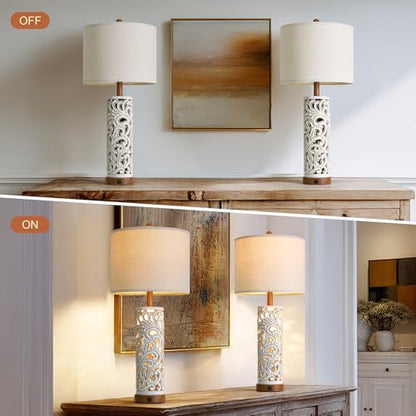 2-in-1 Light Table Lamp Set of 2 for Living Room, 28.5" Farmhouse Bedside Lamps with USB Charging Port, Main&Night Light & Dual Switches, Nightstand Lamp for Bedroom Home Office(Bulb Included) - color: Washed White and Brown