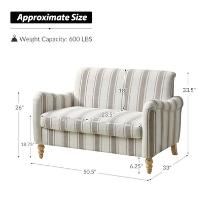 HULALA HOME 50.5" Loveseat Sofa with Stripe Pattern, 2 Seater Sofa, Tan | Farmhouse Comfy Upholstered Small Couch, with Solid Wood Spindle Legs and Rolled Wide Armrests, for Living Room Bedroom - color: Tan, size: 2-Seater Loveseat