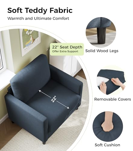 Welzona Sofa Accent Chair, 33" Reading Chair, Comfy Teddy Arm Chairs | Comfy Teddy Fabric, Tool-free Setup, Washable Covers, All-wood Couch Chairs for Living Room, Bedroom, Blue Grey - color: Blue Grey, size: Standard