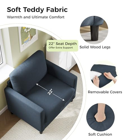 Welzona Sofa Accent Chair, 33" Reading Chair, Comfy Teddy Arm Chairs | Comfy Teddy Fabric, Tool-free Setup, Washable Covers, All-wood Couch Chairs for Living Room, Bedroom, Blue Grey - color: Blue Grey, size: Standard