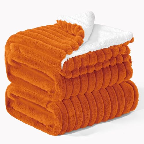 INFIIXSO Striped Sherpa Throw Blanket for Couch, Warm Plush, Orange, 90x90 | Super Soft Thick Warm Striped Sherpa Blanket for Bed Sofa, Cozy Plush Fluffy Throw Gift for Women, Room Decor, All Season Use - color: Burnt Orange, size: Queen(90"x90")