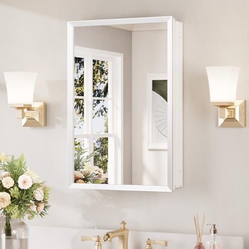 Keonjinn White Medicine Cabinet Mirror 16 x 24, Stepless Adjustable Shelves | Assembly Needed, Wall-Mounted or Recessed, Lightweight Aluminum, Beveled Framed Bathroom Mirror with Storage, Tempered Glass - color: White, size: 16x24 In