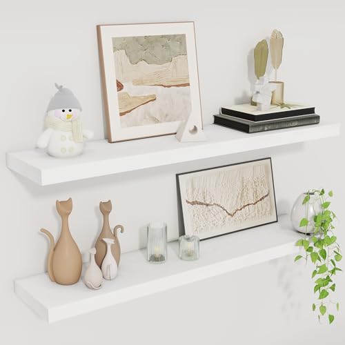Fun Memories Floating Shelves for Wall, 30" Rustic Wood Deep Wall Mounted Shelves with Invisible Brackets for Decor & Storage, Floating Shelf for Living Room, Bathroom (White, Set of 2) - color: White, size: 30"W x 6.5"D, 2Packs