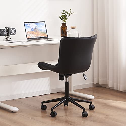 YOUTASTE Black Modern Office Chair, Armless Swivel PU Leather Desk Chair with Wheels, Height Adjustable Rolling Computer Chair with Metal Legs for Bedroom, Home Office, Study, or Vanity - color: Black
