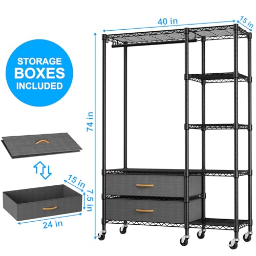 F3R Heavy Duty Clothes Rack（With Lockable Wheels）Freestanding Clothing Racks for Hanging Clothes，Adjustable Closet Organizer System，Portable Garment Rack 40"W x 15"D x 74"H，Max Load 700LBS，Black - color: Black, style: Rolling