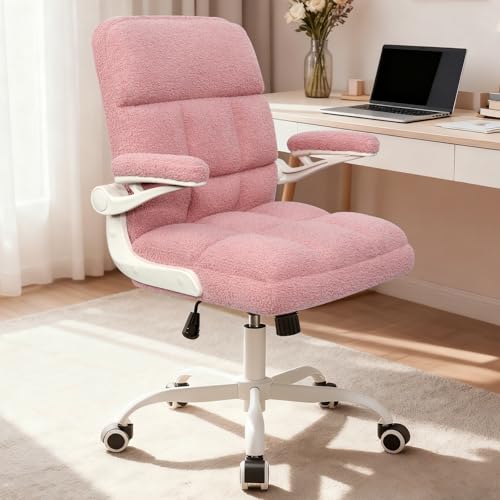 Office Chair with Wheels, Ergonomic Computer Desk Chair with Flip-up Armrest, Adjustable Rolling Swivel Chair Teddy Fleece – Dusty Pink - color: Dusty Pink