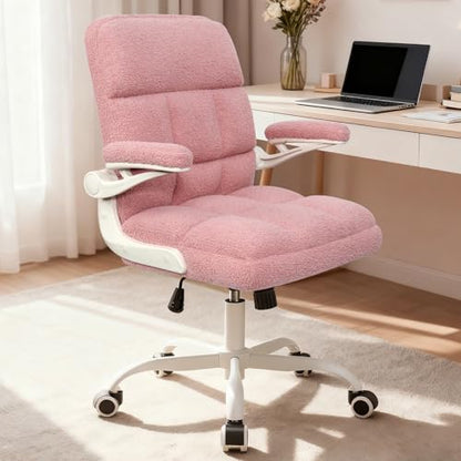 Office Chair with Wheels, Ergonomic Computer Desk Chair with Flip-up Armrest, Adjustable Rolling Swivel Chair Teddy Fleece – Dusty Pink - color: Dusty Pink