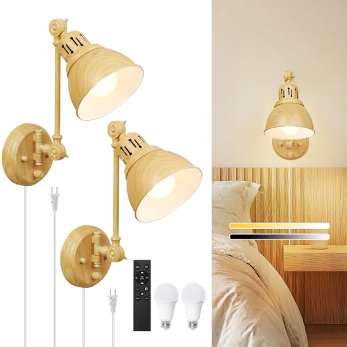 GOODATE 2 Pack Plug in Wall Sconces with Remote Control, Dimming, Adjustable Colors 2700K-6500K, Swing Arm Wall Lamps with Night Light & Timer, Plug-in or Hardwired, LED Bulbs Included, Oak Finish - size: Oak-2 PACK(Bulbs+Remote)