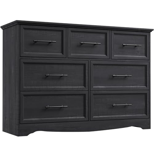 YANSNWO Black 7 Drawer Dresser for Bedroom, 47" Wide Chest of Drawers | Brushed Metal Handles, Unique Base Design, Replicated Wood Grain Finish, Modern Farmhouse for Bedroom/Living Room/Hallway - color: Black, size: 15.7"D x 47.2"W x 33.4"H (7 Drawers)