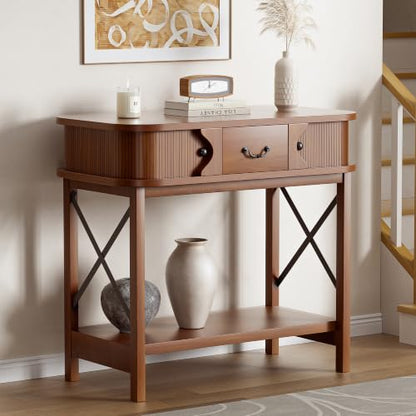 39'' Narrow Console Table, 2-Tier entryway Sofa Table，Walnut | Narrow Console Table with Drawer & Cabinets; Sturdy X-Frame, Slim Wood for Entryway, Hallway, Living Room & Behind Couch - color: Walnut