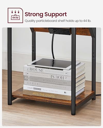 VASAGLE End Table with Charging Station, Small Side Table for Living Room, Bedroom, Nightstand with Outlets and USB Ports, Bedside Table with Storage Shelf, Rustic Brown and Black | End Table for Living Room, Bedroom, Nightstand with Storage Shelf, Rustic