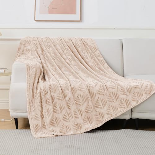 Exclusivo Mezcla Leaves Pattern Throw Blanket for Couch, Camel | Soft and Cozy Fleece Blanket All Season Use, Lightweight Plush Fuzzy , Home Decor, 50x60 Inches - color: Camel, size: Throw(50"x60")