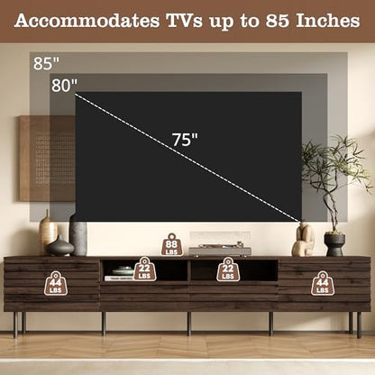 78 inch Modern TV Stand for 85 inch TV, Large Wood Entertainment Center with Slatted Doors and Cable Management, Industrial Media Console with Soft-Closing Hinges for Living Room, Dark Brown Walnut - color: Dark Brown-f