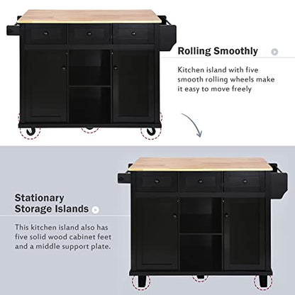 Kitchen Island, Rolling Kitchen Cart with Drop Leaf Top | Drop leaf countertop expands prep and serving space, folds down to save room in compact kitchens or dining areas - color: Black + Mdf + Rubber Wood