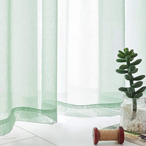 Mint Green Semi Sheer Curtains Rod Pocket 63 Inch Length Faux Linen Curtain Sage Green Sheers for Bedroom Living Room Girls Kids Room 2 Panels 52x63 - color: Mint Green, size: 52"W x 63"L (Pack of 2)