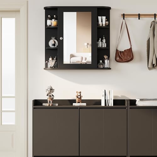 Shintenchi Bathroom Medicine Cabinet with Mirror, Wall Mounted, Black - color: Black