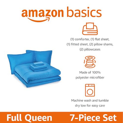 Amazon Basics 7-Piece Soft, Easy-Wash Microfiber Kid's Bed-in-a-Bag Bedding Set with Sheet and Comforter, Full/Queen, Blue, Soft Solid - color: Blue, size: Full/Queen