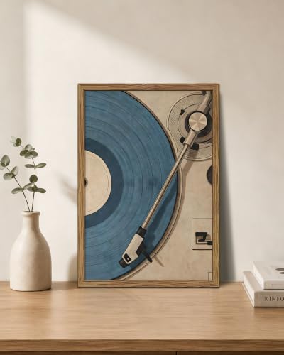 REZFGU Vintage Record Player Wall Art Canvas Framed Poster Painting Print Picture, Retro Vinyl Turntable Artwork, Music Lover Aesthetic Decor for Living Room Bedroom Studio Home Decoration 12x16 Inch - color: A-Blue Records, size: 16"L x 12"W