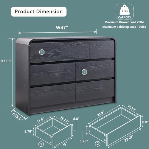 Aitjunz Modern 7 Drawers Dresser for Bedroom, 47" Wide Wood Dressers & Chests of Drawers w/Curved Profile Design, Mid Century Modern Dresser w/Natural Texture for Bedroom, Living Room, Black - color: Black, size: 15.5"D x 47.2"W x 33.9"H (7 Drawers)