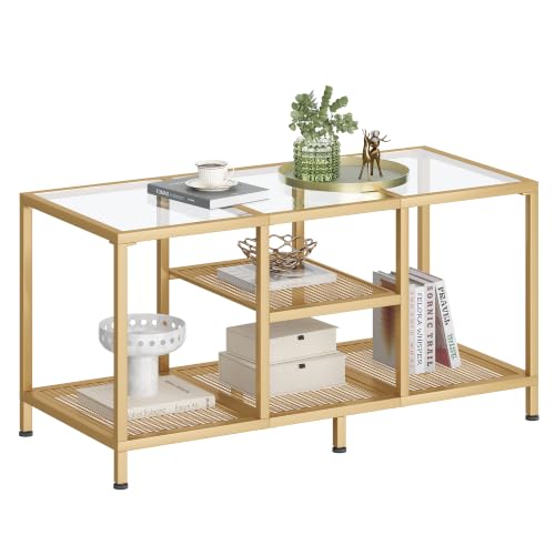 Glass Coffee Table, Minimalist Center Table for Living Room | Modern Coffee Table with Metal Frame & Open Storge, Easy Assembly, Coffee Tables for Small Space, 34.3" x 19" x 15.4", Gold - color: Gold